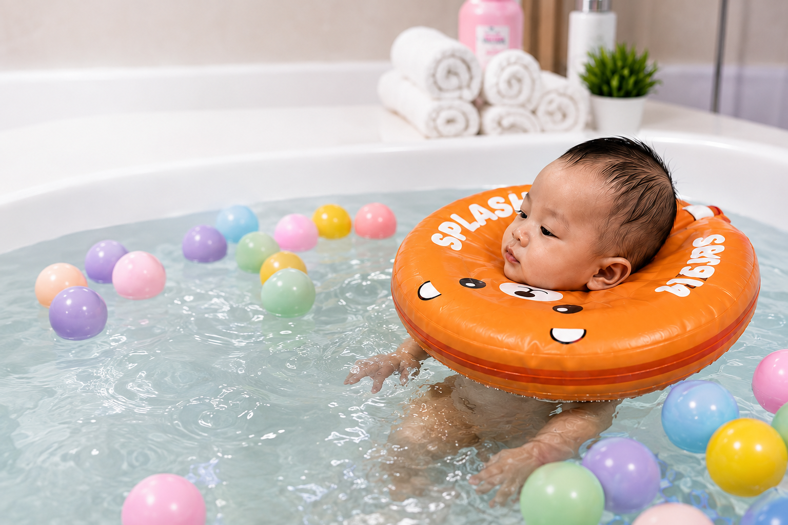 Bayi sedang berenang menggunakan pelampung leher berwarna oranye di dalam bathtub yang berisi bola-bola plastik warna-warni.