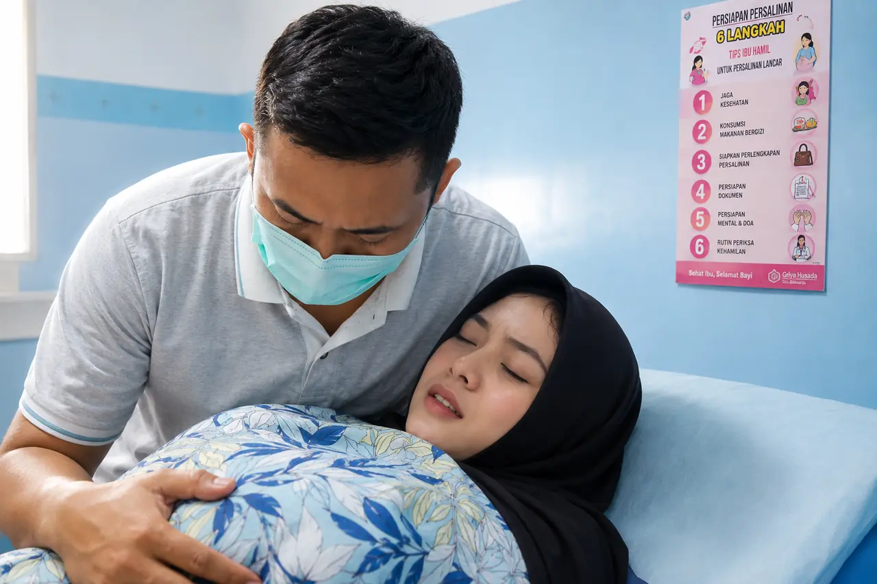 Ibu bersalin menjalani proses persalinan normal metode gentle birth atau persalinan tiup-tiup di Klinik Griya Husada Sidoarjo