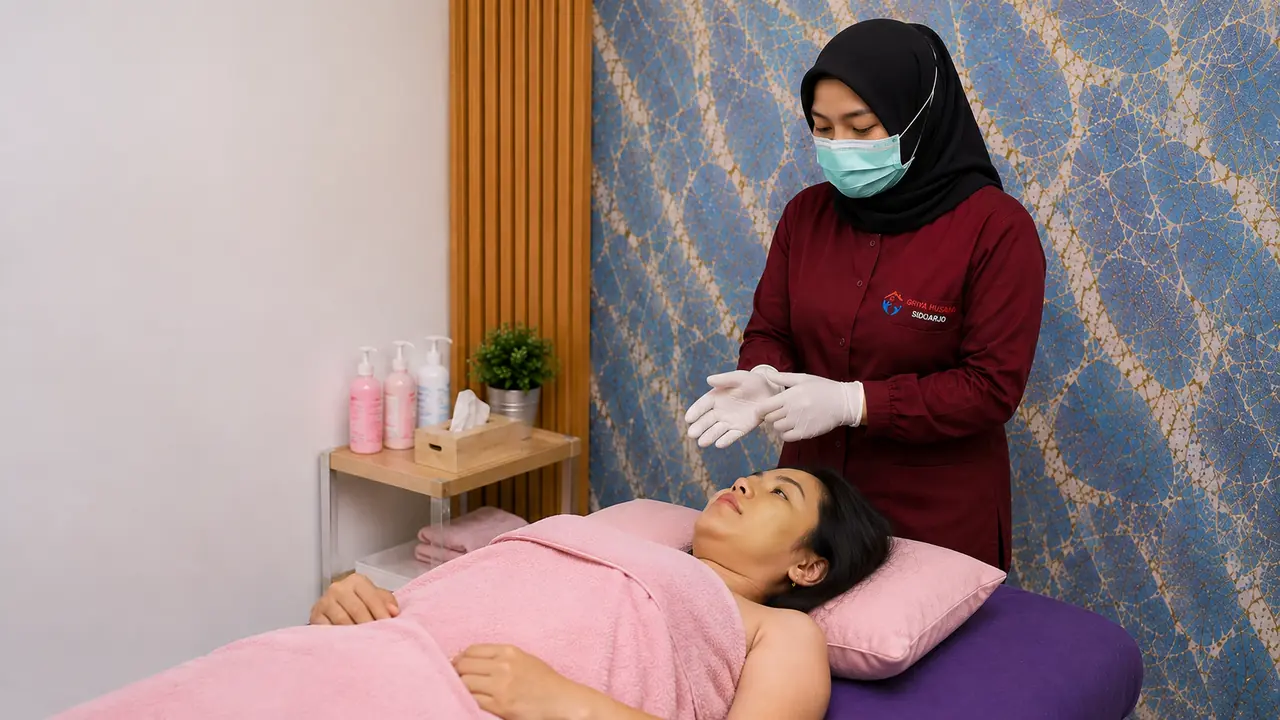 Terapis memberikan layanan pijat laktasi untuk ibu menyusui di Griya Husada Sidoarjo